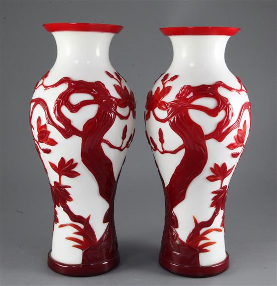 A pair of large Chinese overlaid glass vases, 20th century, 35cm